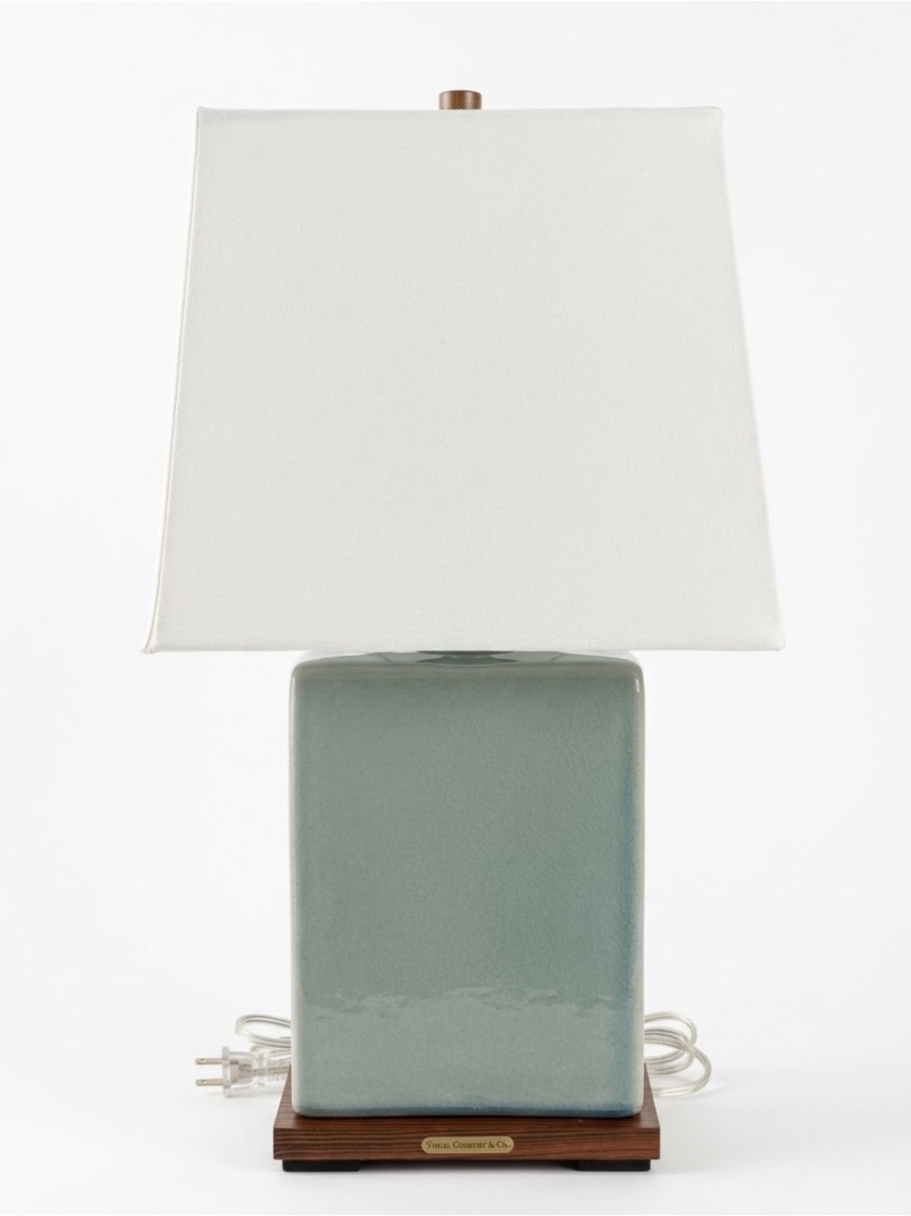 RALPH LAUREN LAMP, CRACKLE TEAL- GREEN CERAMIC AND WOOD BASE, 6"X4"X17"